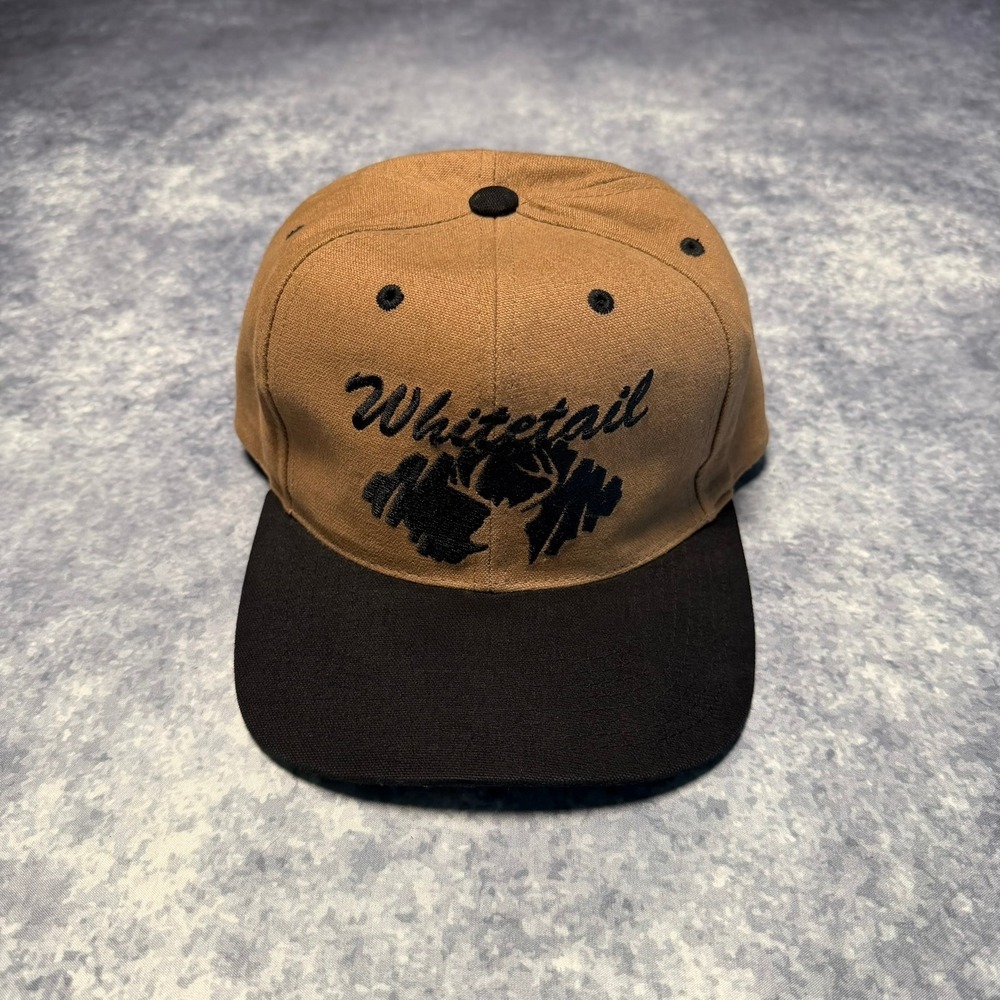 Vintage Whitetail Deer Hunting Snapback Hat Brown Black Canvas Trucker Cap